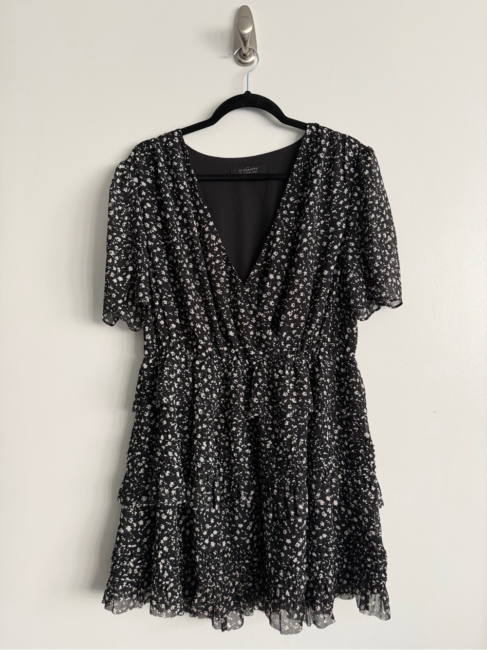 All Saints Black Floral Tiered V-Neck Dress